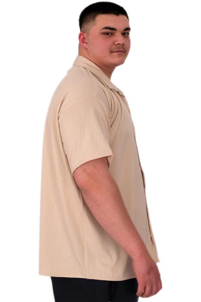 Mode XL Büyük Beden Erkek Gömlek Apas Yaka Şerit Desen Jakar U24382 Bej - Resim 2