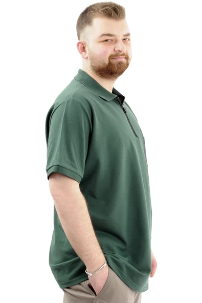 Mode XL Büyük Beden Erkek T-Shirt Fermuarlı Polo Yaka Cepli U24325 Nefti - Resim 3