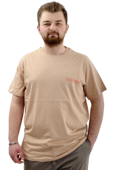 Mode XL Büyük Beden Erkek Tişört Baskılı Pamuklu Bisiklet Yaka T-Shirt TOUCH U24066 Bej ürün görseli