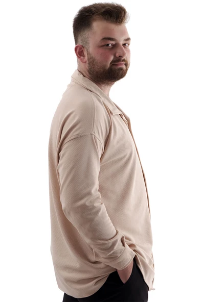 Mode XL Büyük Beden Erkek Gömlek Apas Yaka Uzun Kol JAKAR U24381 Bej - 2