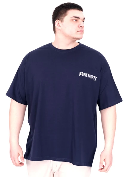 Mode XL Büyük Beden Erkek T-Shirt Bisiklet Yaka BORN TOLYFT U25029 Lacivert - Resim 4