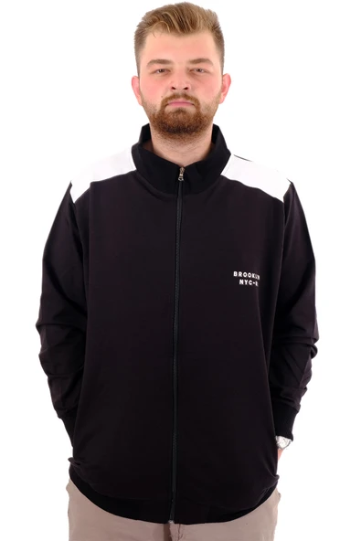 Mode XL Büyük Beden Erkek Eşofman Üstü Dik Yaka Fermuarlı BROOKLYN U24522 Siyah-Ekru