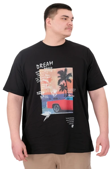 Mode XL Büyük Beden Erkek Baskılı T-Shirt Palm Dream U25026 Siyah ürün görseli
