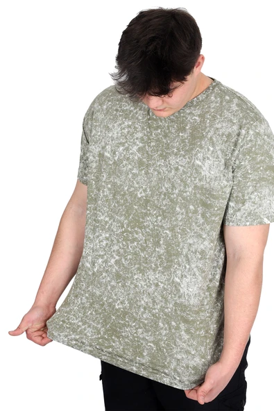 Mode XL Büyük Beden Erkek T-Shirt Bisiklet Yaka Aşındırma Baskı U20037 Haki - Resim 3