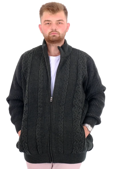 Mode XL Büyük Beden Erkek Örme Desenli Hırka RAİL 24210 Haki ürün görseli