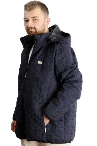 Mode XL Büyük Beden Erkek Kapüşonlu Mont Kapitone 23639 Lacivert - Resim 2