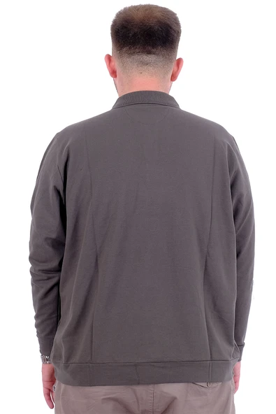 Mode XL Büyük Beden Erkek Polo Yaka Sweatshirt Nakışlı U24340 Haki - 4