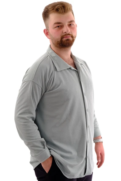 Mode XL Büyük Beden Erkek Gömlek Apas Yaka Uzun Kol JAKAR U24381 Çağla - 3