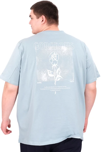 Mode XL Büyük Beden Erkek T-Shirt Bisiklet Yaka GORGEOUS U25022 Mavi - Resim 2