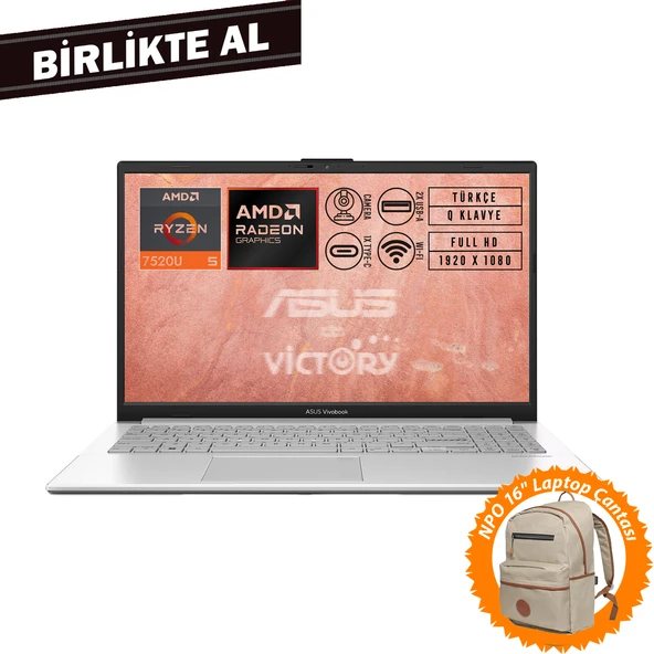 Asus Vivobook Go 15 AMD Ryzen 5 7520U 8GB 1TB SSD 15.6" W11P + Çanta E1504FA-BQ1741 018 ürün görseli 1
