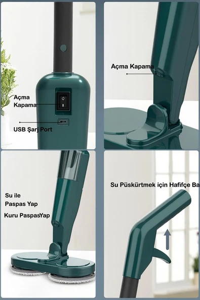 Valkyrie Şarjlı Su Püskürtmeli Elektrikli Mop – Çift Döner Başlık, Mikrofiber Ped, 2000 mAh, Tüm Zeminlerde Etkili Yeşil - 3