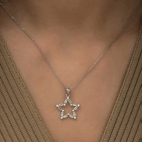 pilelistore 925 Ayar Gümüş Baget Taşlı Yıldız Kolye - 2