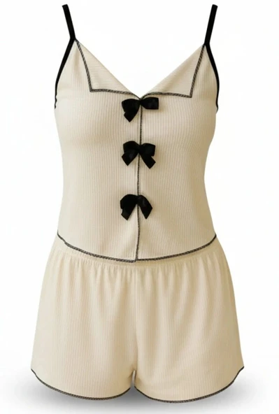 Bicomi Siyah Kurdelalı Fitilli Askılı Şortlu Pijama Takımı - Resim 2