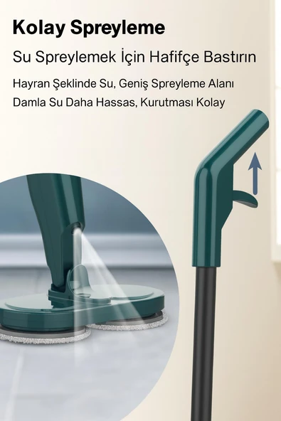Valkyrie Şarjlı Su Püskürtmeli Elektrikli Mop – Çift Döner Başlık, Mikrofiber Ped, 2000 mAh, Tüm Zeminlerde Etkili Yeşil - 6