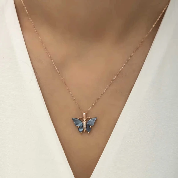 pilelistore Gümüş Rose Antrasit Kaplangözü Taşlı Kelebek Kolye - 3