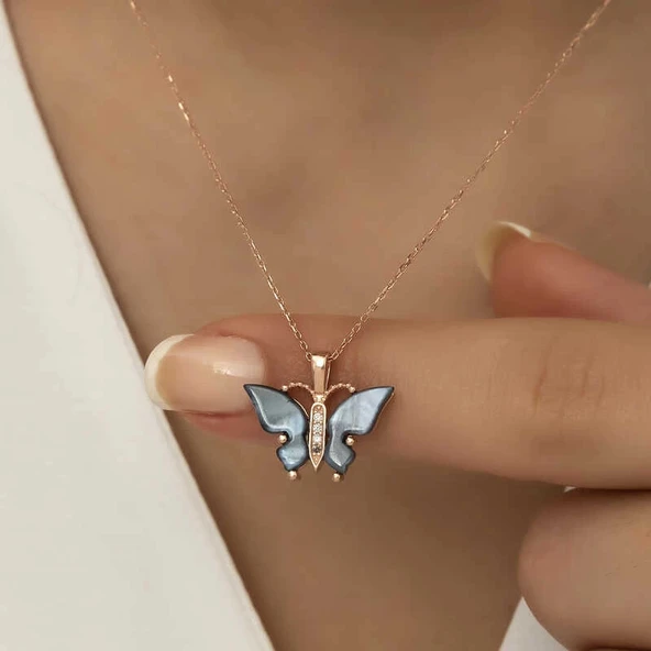 pilelistore Gümüş Rose Antrasit Kaplangözü Taşlı Kelebek Kolye - 4
