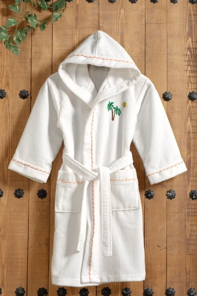 Bayaz Kapüşonlu Pamuklu Çocuk Bornozu - Palmiye Nakışlı - Resim 2