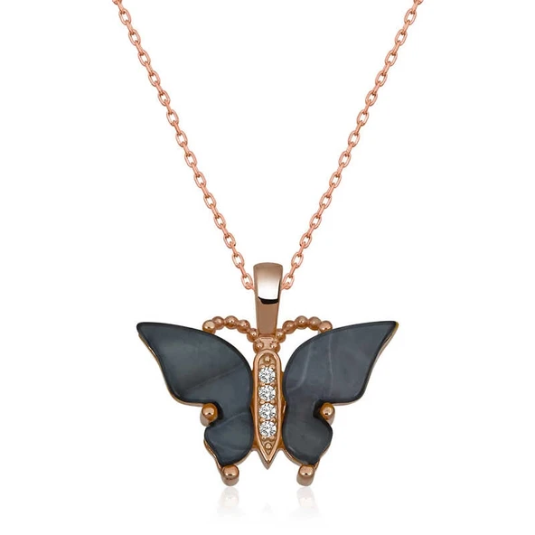 pilelistore Gümüş Rose Antrasit Kaplangözü Taşlı Kelebek Kolye
