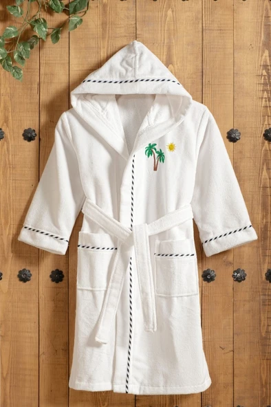 Bayaz Kapüşonlu Pamuklu Çocuk Bornozu - Palmiye Nakışlı ürün görseli