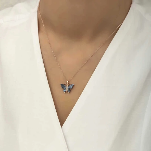 pilelistore Gümüş Rose Antrasit Kaplangözü Taşlı Kelebek Kolye - 2
