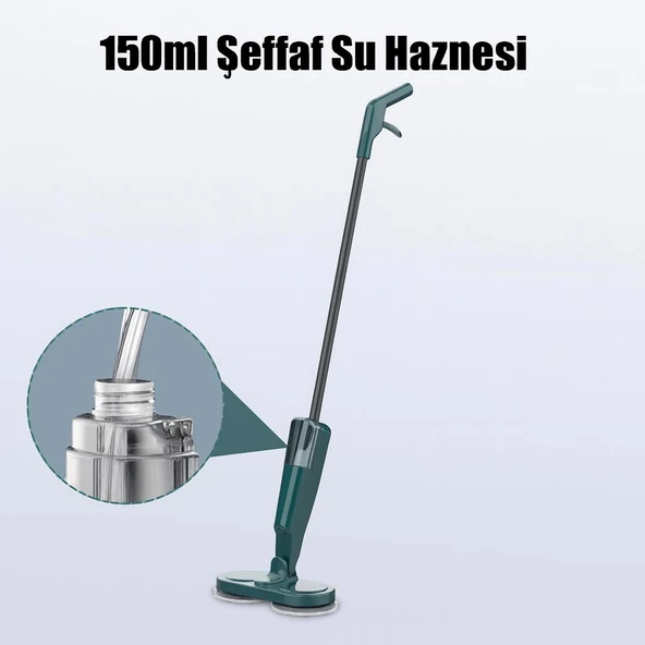 Valkyrie Şarjlı Su Püskürtmeli Elektrikli Mop – Çift Döner Başlık, Mikrofiber Ped, 2000 mAh, Tüm Zeminlerde Etkili Yeşil - 5