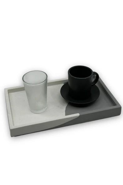 Beyaz Antrasit Tepsi Mermer Desen Görünümlü Beton Sunumluk Tepsi Dekoratif Organizer 15 Cm - 2