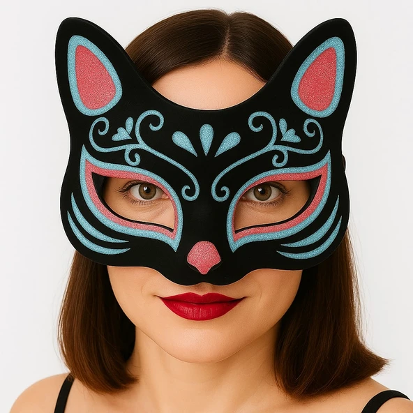 Siyah Renk Üzeri Mavi Kırmızı Simli Süet Kaplama Kedi Maskesi 17x14 cm ürün görseli