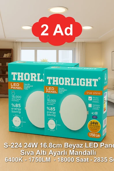 Thorlight 2 TANE S-224 24W Beyaz LED Panel Sıva Altı Aydınlatma 16.8 cm 6400K ürün görseli