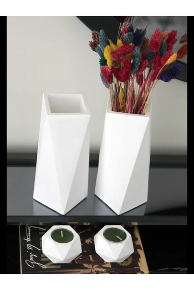 Geometrik Uzun Vazo 20 Cm Ve Geometrik Tealight Mumluk Set (4 PARÇA) Ham Beyaz - 4