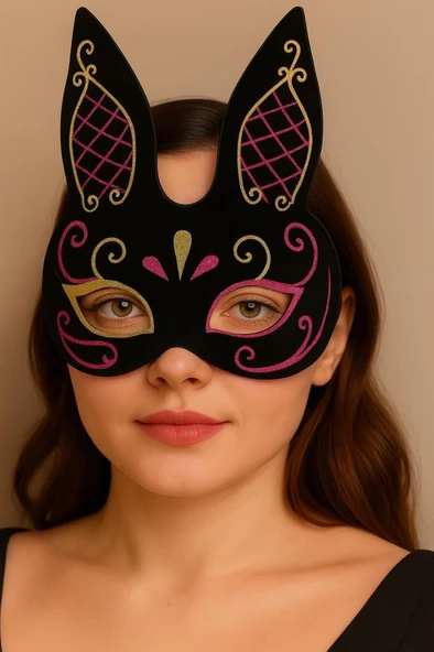 Siyah Renk Kırmızı Gold Simli Siyah Süet Kaplama Tavşan Maskesi 18x16 cm - Resim 2