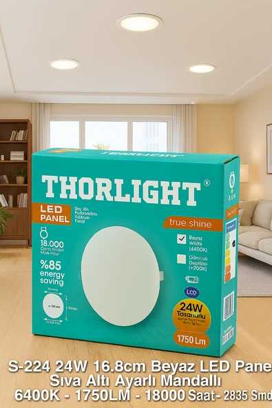 Thorlight 2 TANE S-224 24W Beyaz LED Panel Sıva Altı Aydınlatma 16.8 cm 6400K - Resim 3