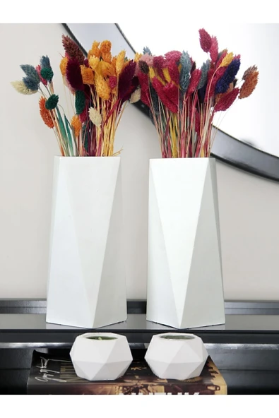 Geometrik Uzun Vazo 20 Cm Ve Geometrik Tealight Mumluk Set (4 PARÇA) Ham Beyaz - 2