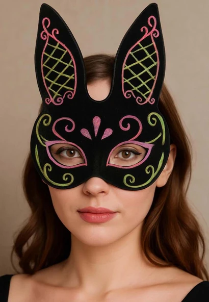 Siyah Renk Pembe Gold Simli Siyah Süet Kaplama Tavşan Maskesi 18x16 cm - Resim 2