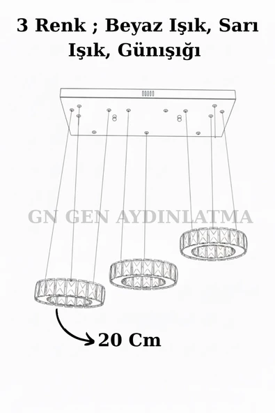 GN GEN AYDINLATMA Plaket Kristal Taş Işlemeli Krom Paslanmaz Ledli Avize 20 cm yemek masası - 10