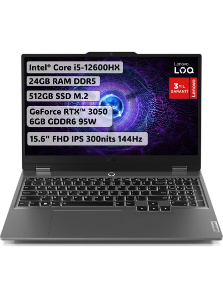 Lenovo LOQ Intel Core i5 12600HX 24GB 512GB SSD RTX3050 Freedos 15.6" IPS Taşınabilir Bilgisayar 83GS00P5TR