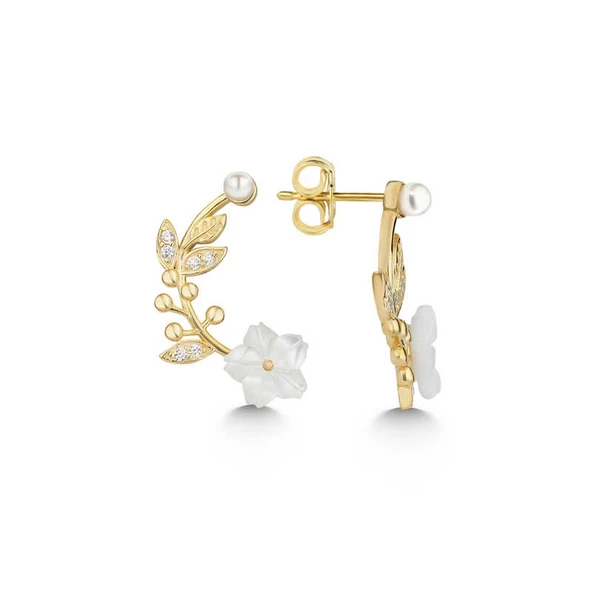 pilelistore 925 Ayar Gümüş Gold Sedef Çiçek Çivili Kadın Küpe