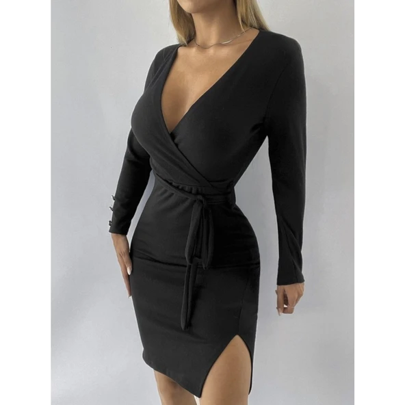 Lucky Life Kadın Uzun Kollu Kruvaze Yaka Bağcık Detay Akrilik Mini Boy Elbise - 4