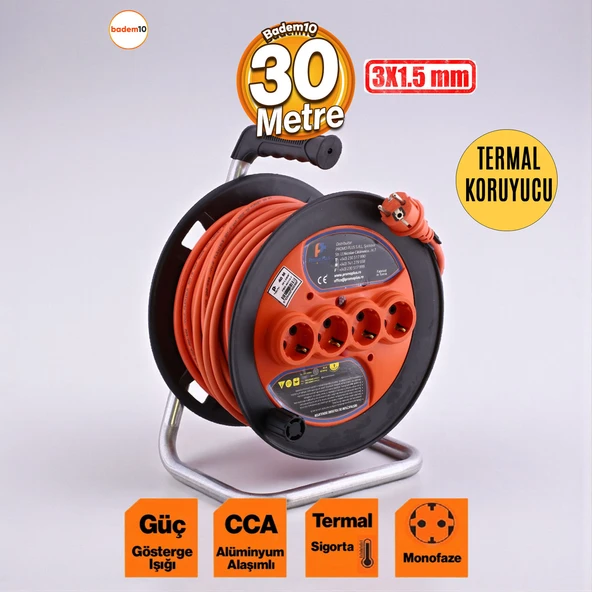 Plastik Makaralı Uzatma Kablosu 3x1.5 mm 30 Metre Termal Sigortalı 4 Prizli CCA Monofaze Seyyar - Resim 2