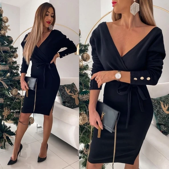 Lucky Life Kadın Uzun Kollu Kruvaze Yaka Bağcık Detay Akrilik Mini Boy Elbise - 2