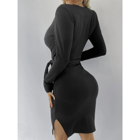 Lucky Life Kadın Uzun Kollu Kruvaze Yaka Bağcık Detay Akrilik Mini Boy Elbise - 3