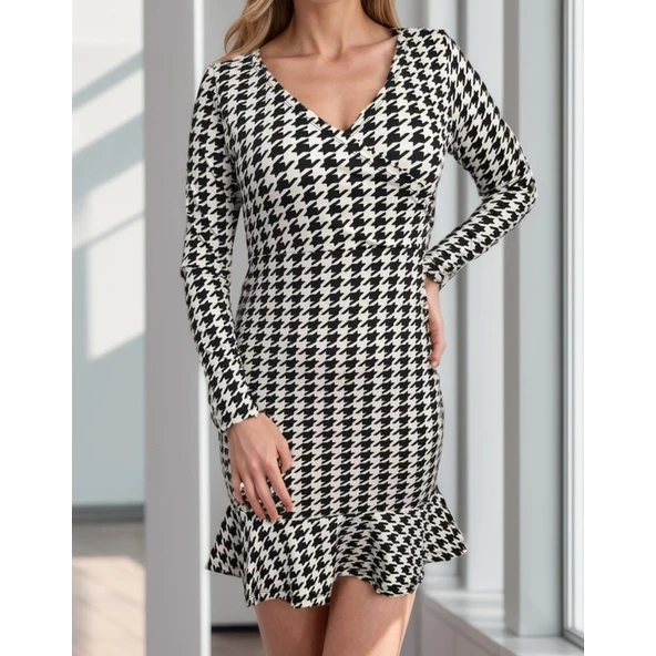 Lucky Life Kadın Uzun Kollu Kruvaze Yaka Kazayağı Mikro Mini Boy Elbise - 5