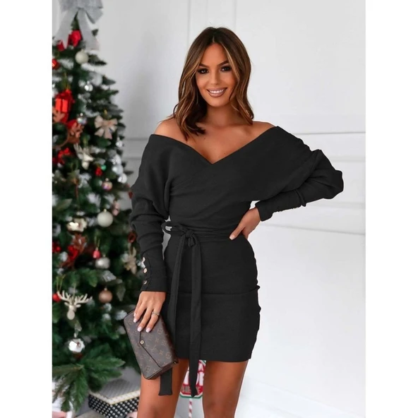 Lucky Life Kadın Uzun Kollu Kruvaze Yaka Bağcık Detay Akrilik Mini Boy Elbise - 20