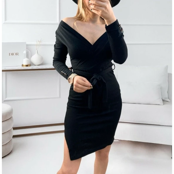 Lucky Life Kadın Uzun Kollu Kruvaze Yaka Bağcık Detay Akrilik Mini Boy Elbise - 7