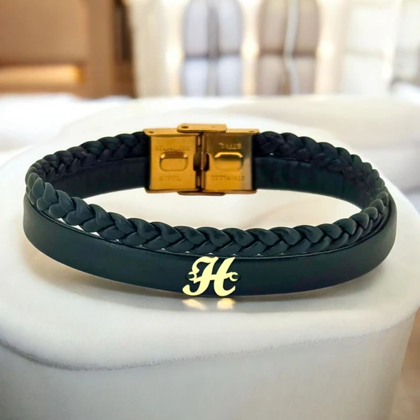 14 Ayar Altın Plakalı H Harfi Motifli Hakiki Koyu Yeşil Derili Hediye Bileklik-683 ürün görseli