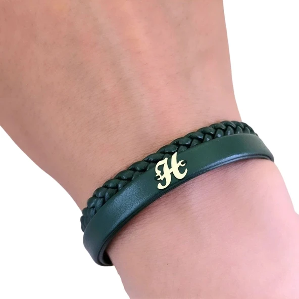 14 Ayar Altın Plakalı H Harfi Motifli Hakiki Koyu Yeşil Derili Hediye Bileklik-683 - Resim 3