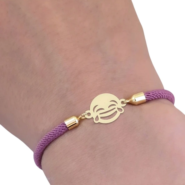 14 Ayar Altın Plakalı Gülen Yüz Figürlü Mor İpek Örgülü Hediye Bileklik-684 - Resim 3