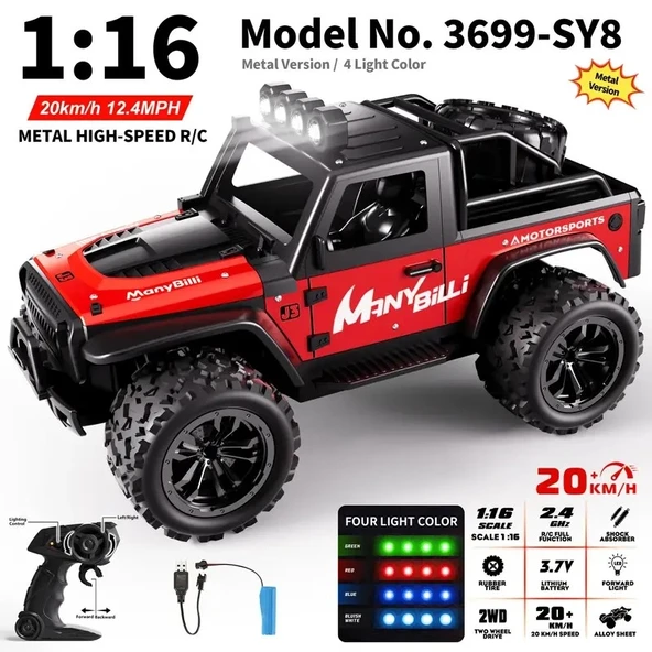 1:16 Off Road Şarjlı RC Uzaktan Kumandalı Renkli Farlar Kırmızı Arazi Aracı 20 Km/s Hızında Hediyelik Oyuncak - 5