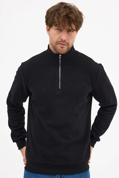 Erkek Siyah Standart Fit Normal Kesim Pamuklu Yarım Fermuarlı Dik Yaka Pamuklu Sweatshirt - 6