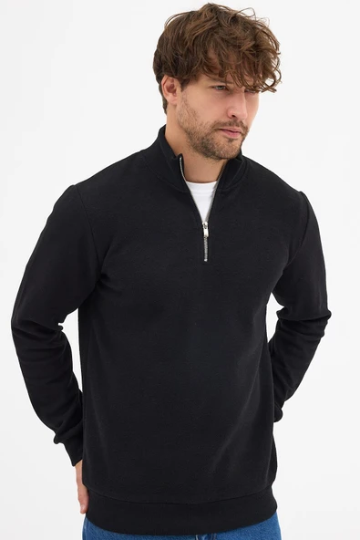 Erkek Siyah Standart Fit Normal Kesim Pamuklu Yarım Fermuarlı Dik Yaka Pamuklu Sweatshirt - 3