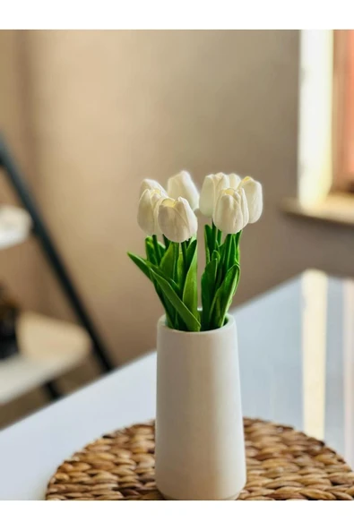 El Yapımı Beyaz Vazo Ve 8'li Lüx Islak Lale Buketi Modern Dekorasyon Minimalist Vazo - 5
